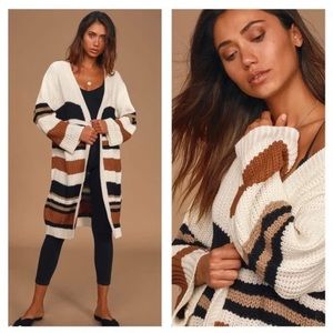 SADIE & SAGE Ivory Brown Striped Color Block Knit Chunky Long Cardigan Sweater M